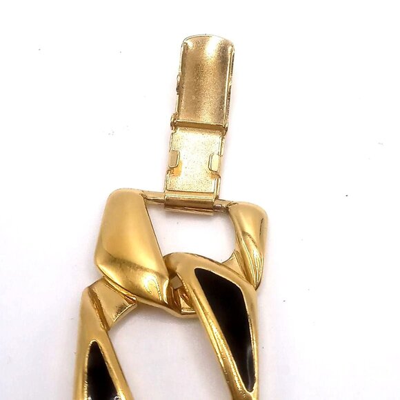 Napier Signed Bracelet Gold-Tone Black Enamel Art Deco Link Chain Style 7" Long - Picture 5 of 12